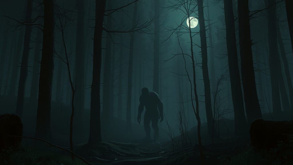 Mysterious Bigfoot Strolls Through Dark Forest at Night