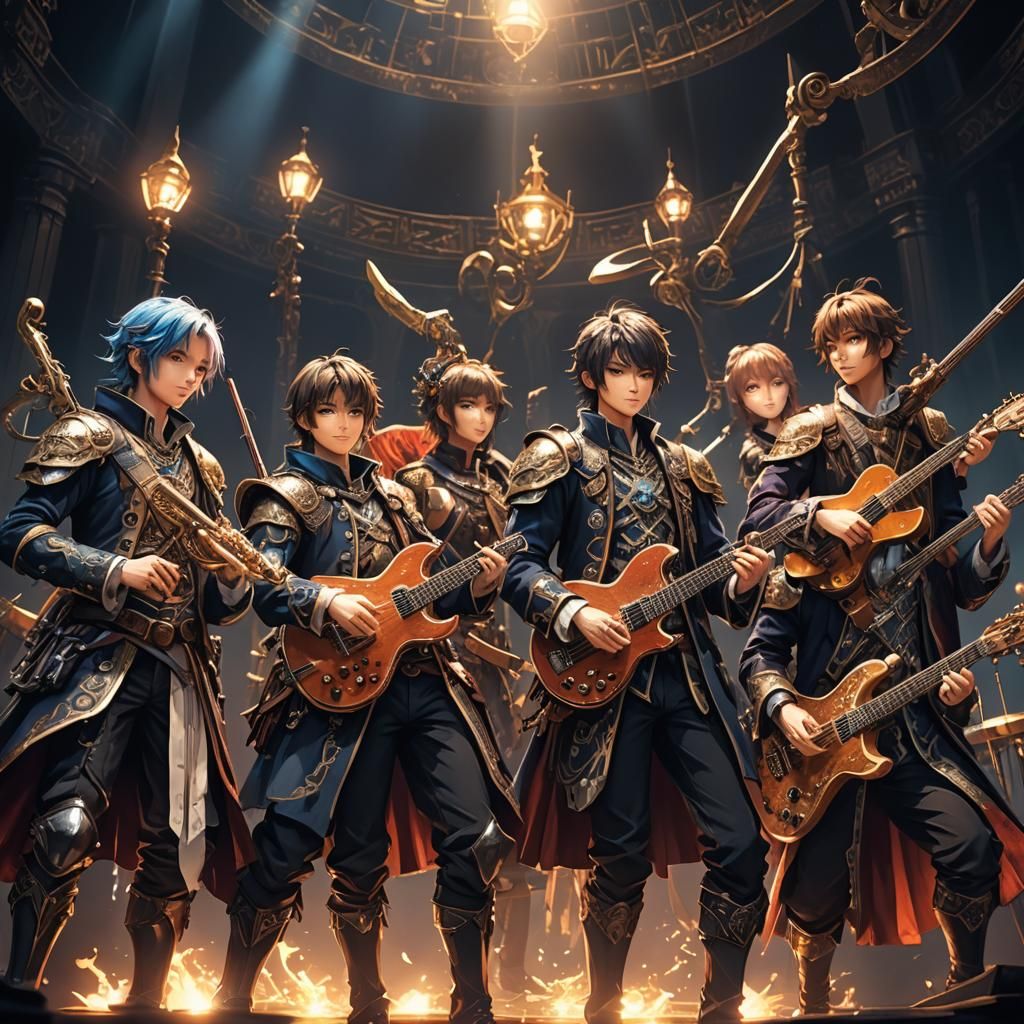 Heroic Bards Posing on Stage in Anime Style