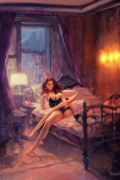 Beautiful Woman in French Bedroom, Dark Fantasy Art