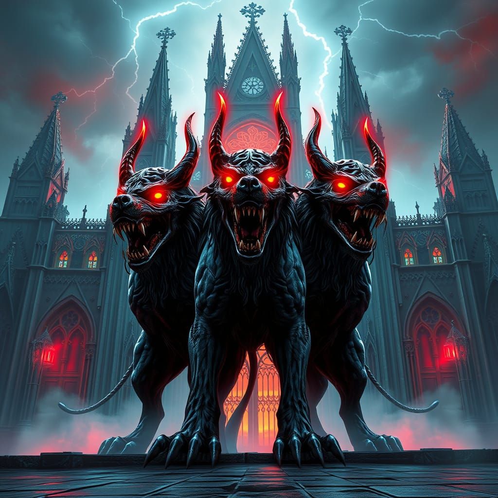 Three-Headed Cerberus Guards Gothic Cathedral in Cyberpunk S...