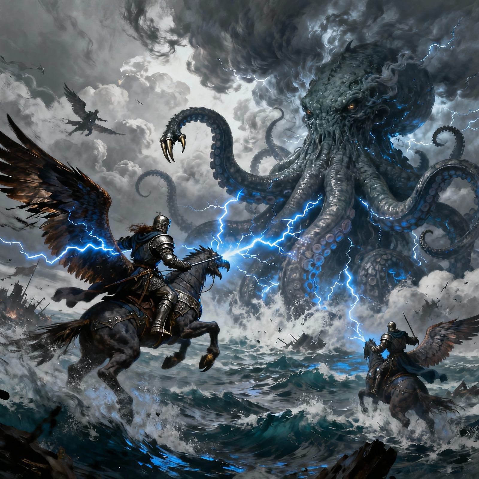 Epic Griffin Knights Battle Kraken in Cloud Sea