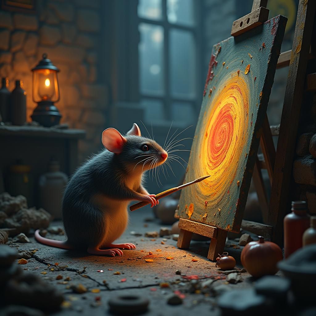Rat Artist in Cavernous Studio, Digital Art