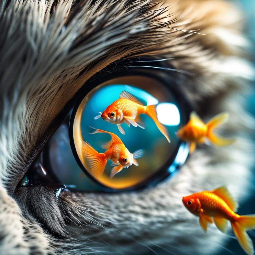 Cat Watching Goldfish in Aquarium, Macro Photography