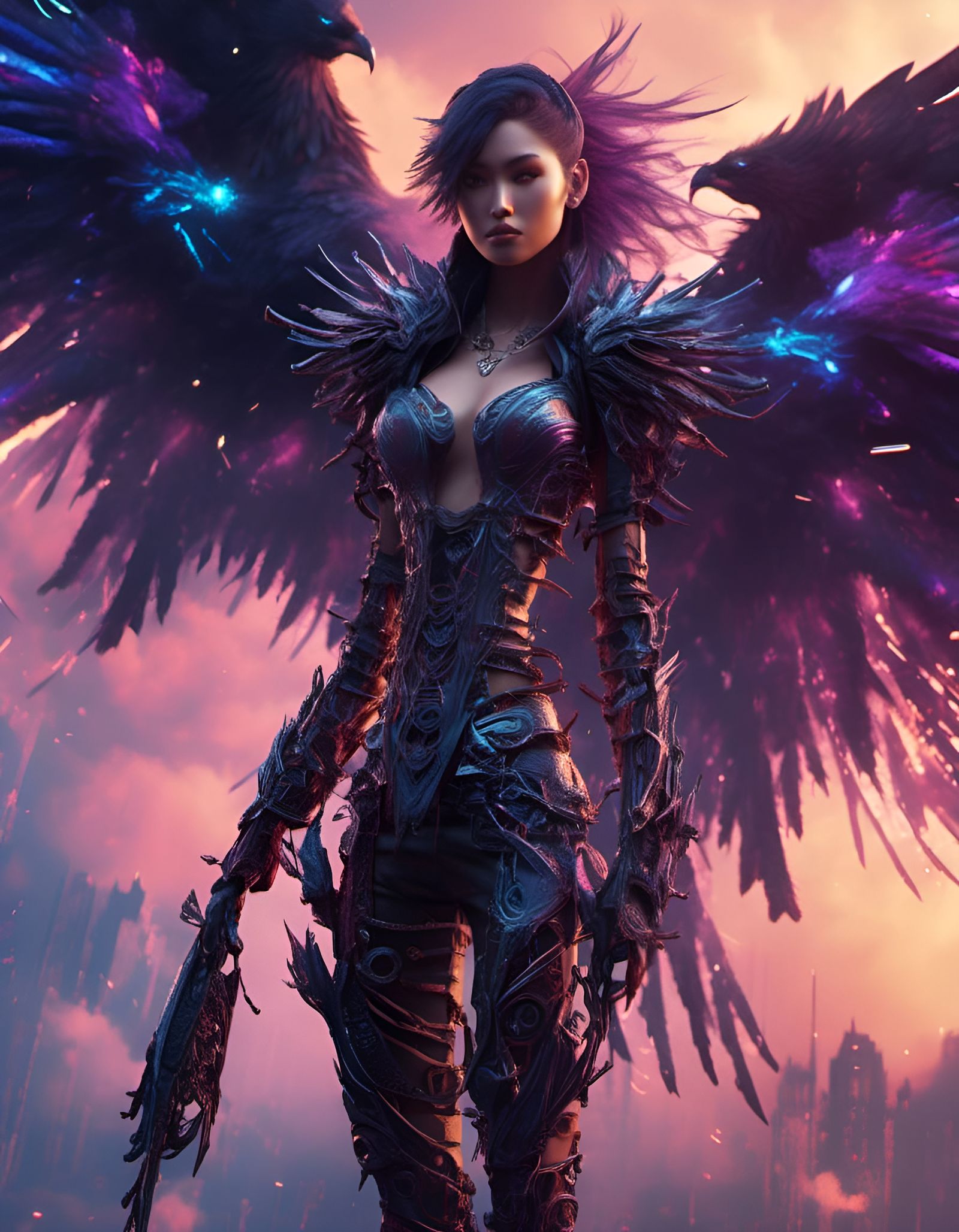 <lora:Colored Smoke:1.0> <lora:NC Hyperreal:1.0> Large anodized raven with dragon wings being rode by a beautiful cyber ...