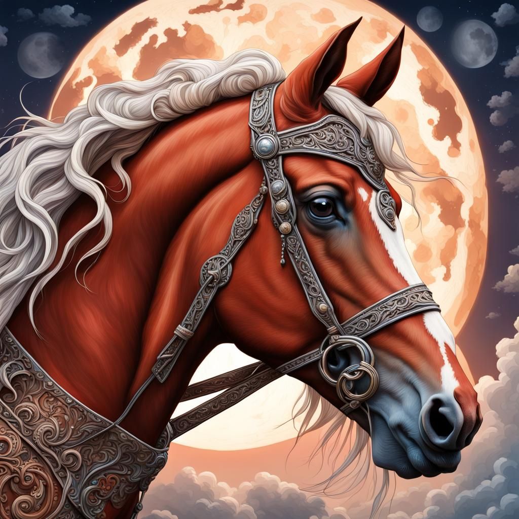 Red Horse with Baroque Bridle and Moon