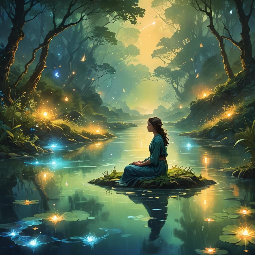 Ethereal Figure on Glowing River: Fantasy Concept Art