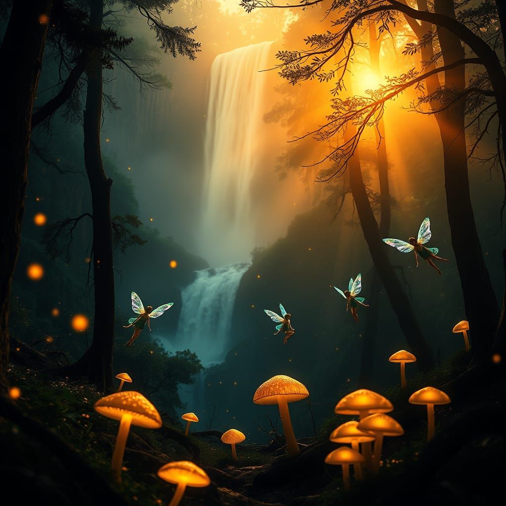 Whimsical Sunset Forest with Majestic Waterfall and Glitteri...