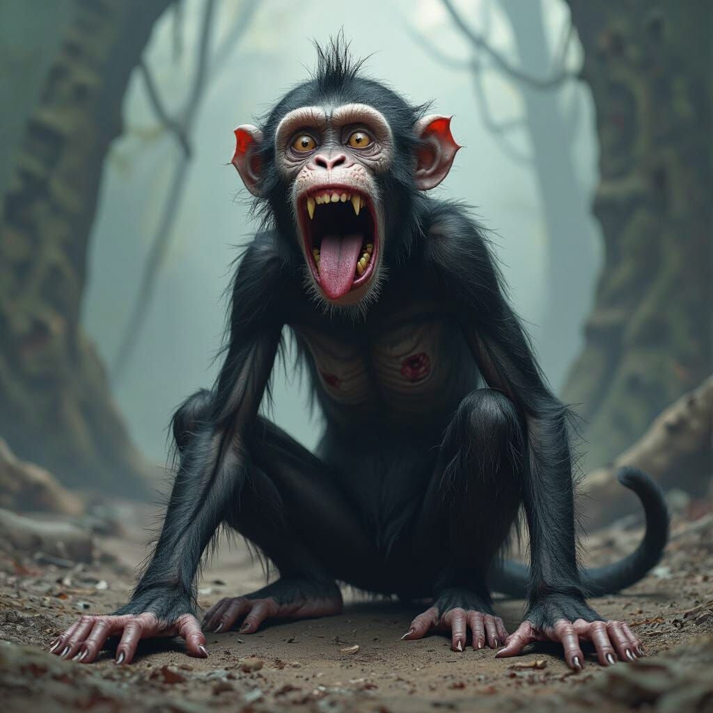 Eerie Zombie Monkey in Dark Surrealist Style