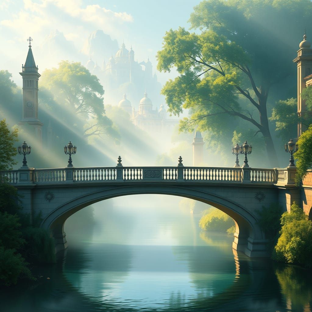 Fantastical City Bridge at Dawn in Canaletto Style