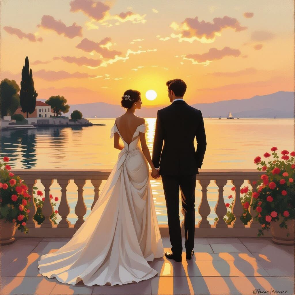 Couple Watching Sunset in Monet & Klimt Inspired Scenery