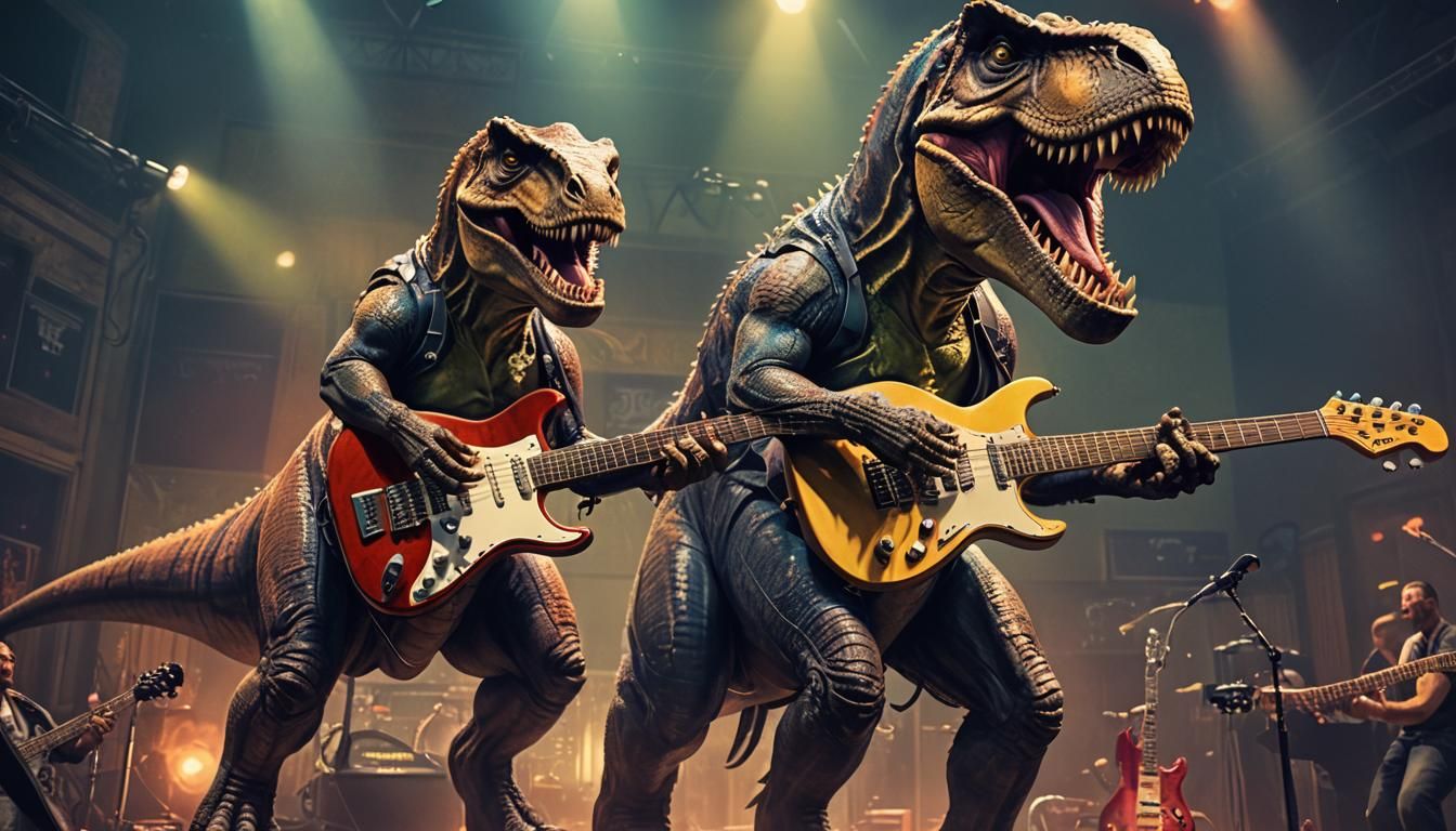 Towering T-Rex Dinosaur Rocks Electric Guitar in High-Energy...