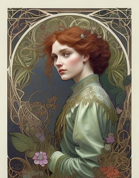 Fantasy Elf with Red Hair in Art Nouveau Style