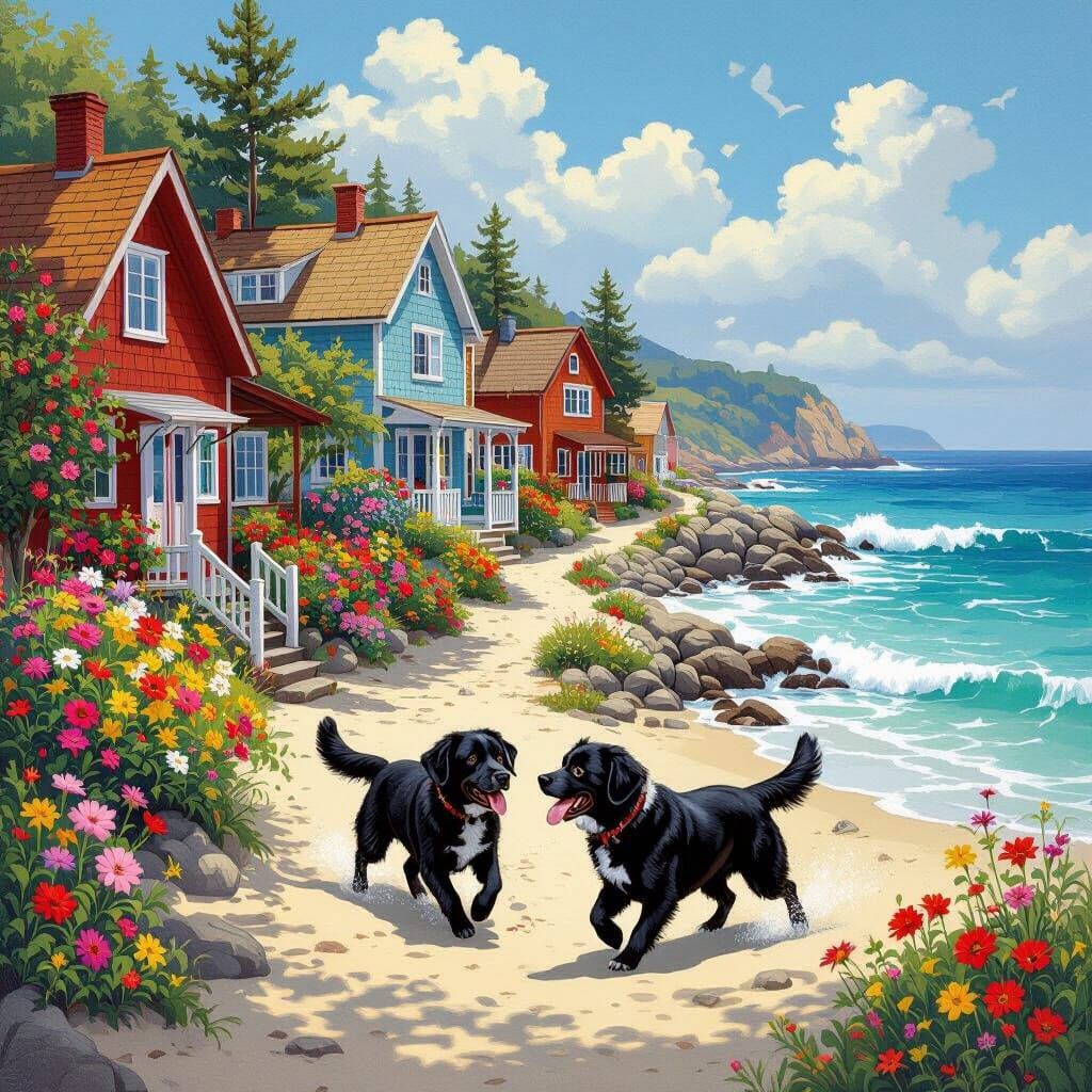 Quaint Seaside Town with Playful Labradors