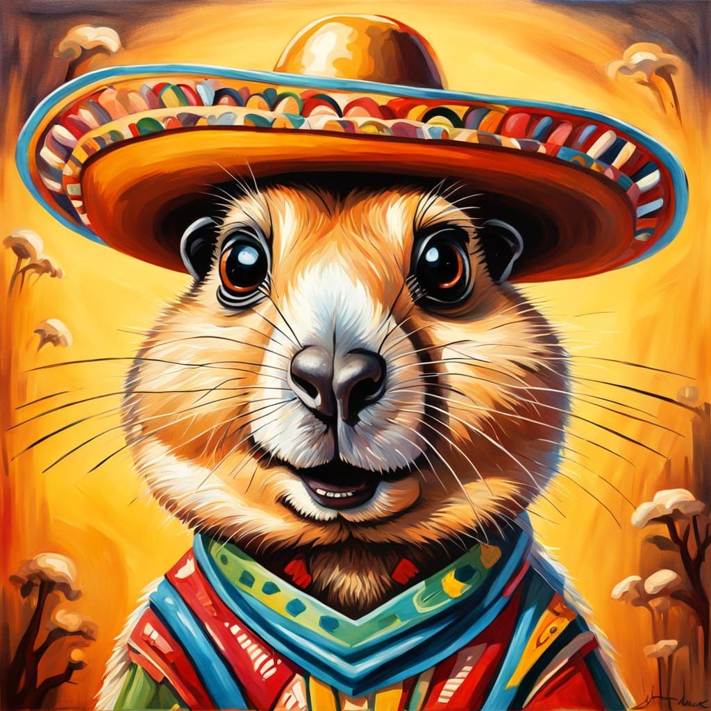 Comical Mexican Prairie Dog in Sombrero, Oil Painting