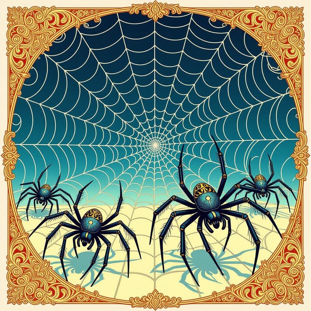 Intricate Spiders Weaving Elaborate Webs in Escher-like Patt...
