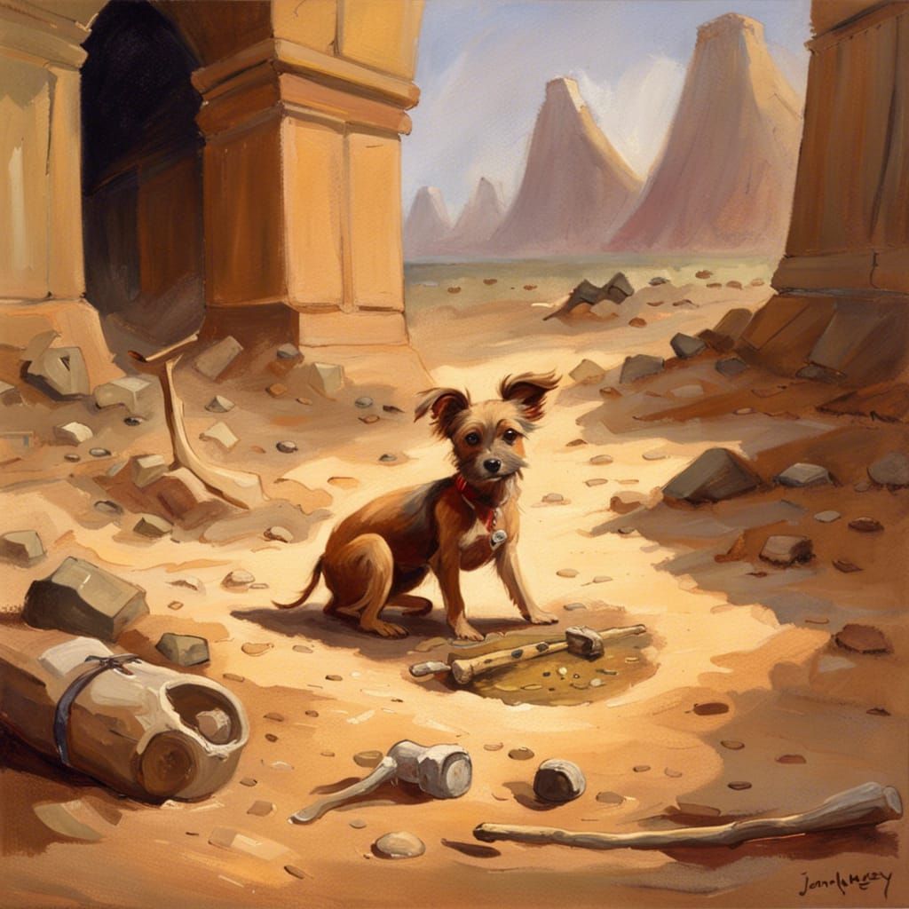 Dog Digging for Bone, Oil Painting