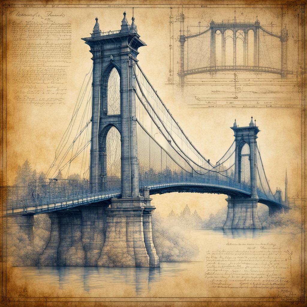 Suspension Bridge Blueprint in Da Vinci Style