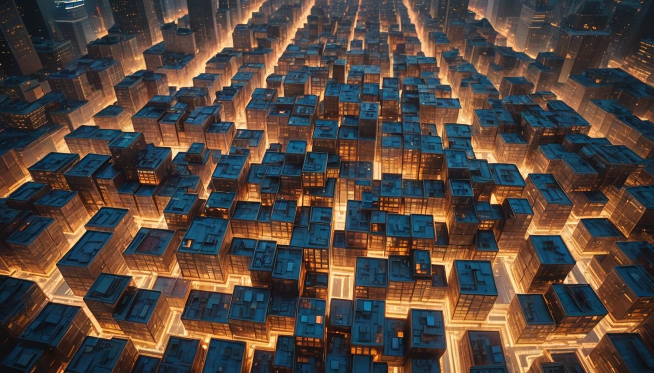 Neon Tetris Blocks Form Futuristic Cityscape