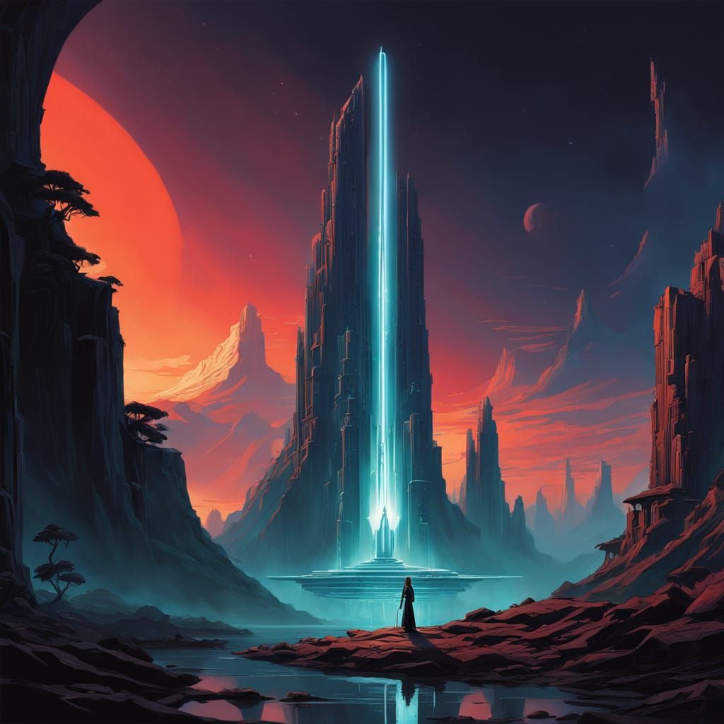 Glowing Sword in Ancient Altar with Swirling Lights and Carv...