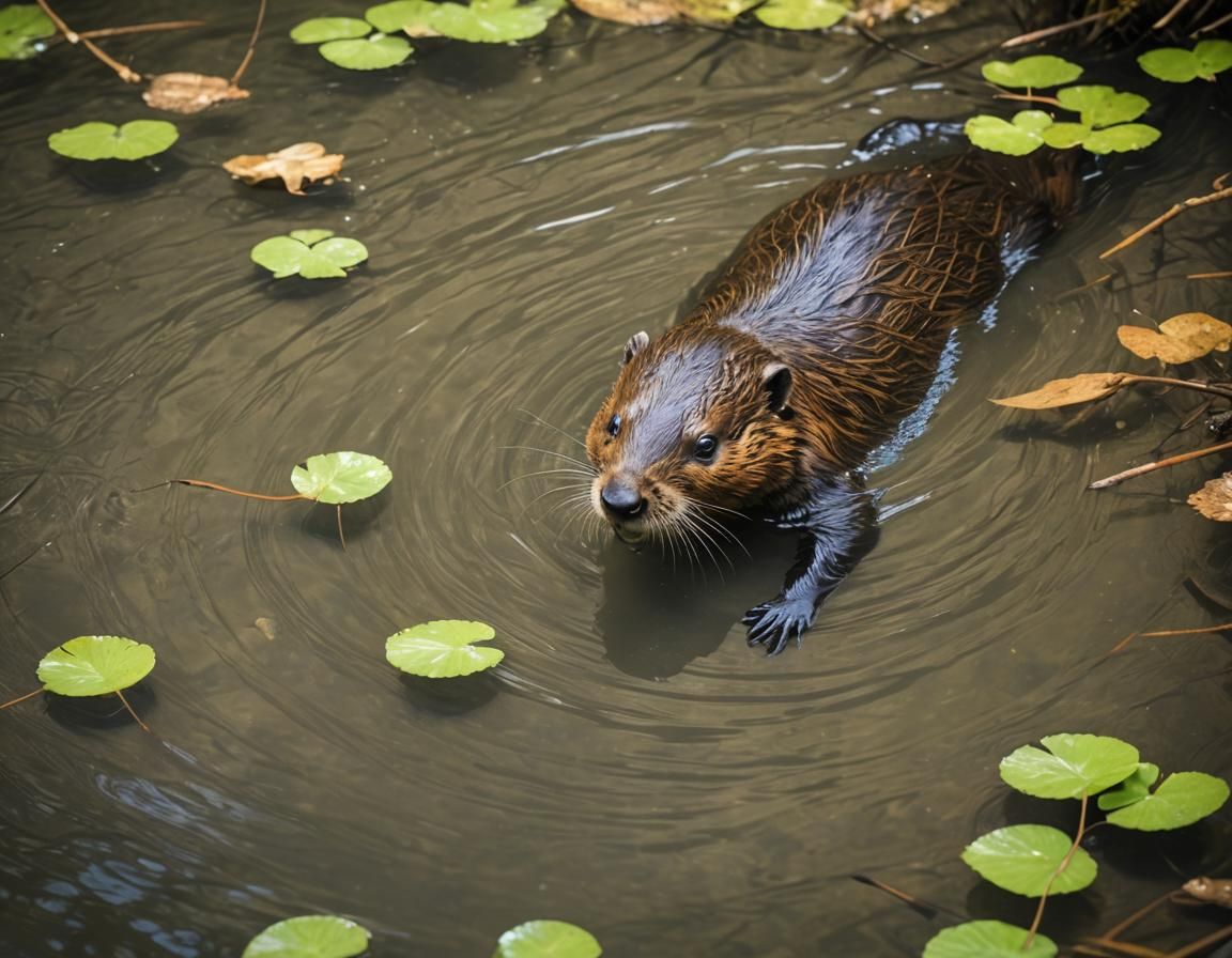 Cute Baby Beaver Swimming in Muddy River