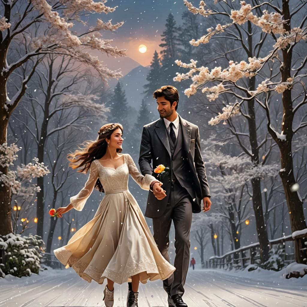 Romantic Ice Skating Scene in Winter Forest
