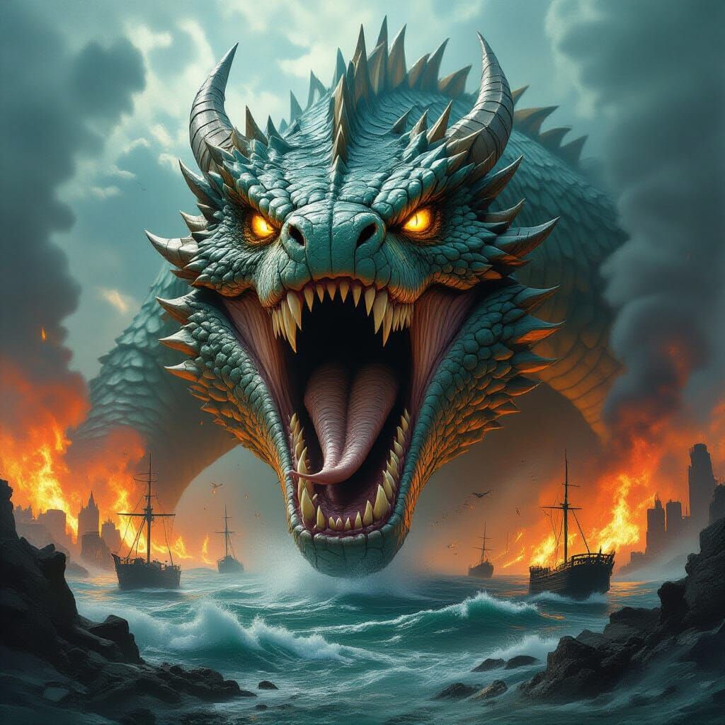 Giant Dragon Roaring in Burning Landscape