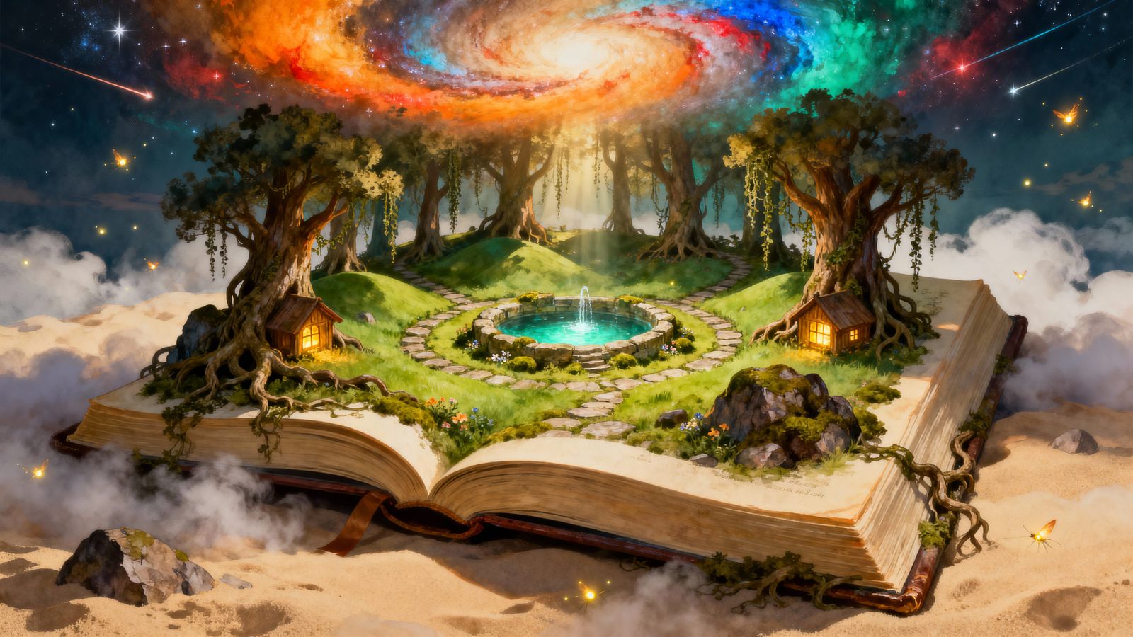 Mythic Forest Glade Opens From Open Storybook on Clouds