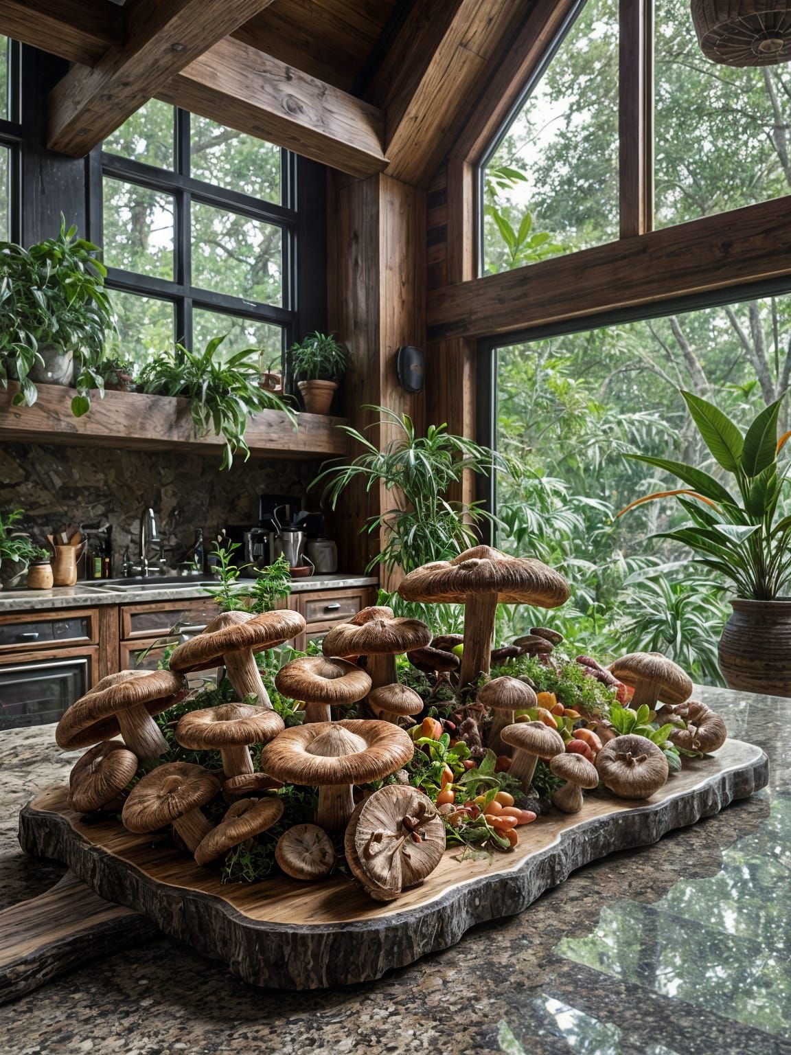 Luxurious Fantasy Kitchen with Rare Mushrooms and Lush Green...