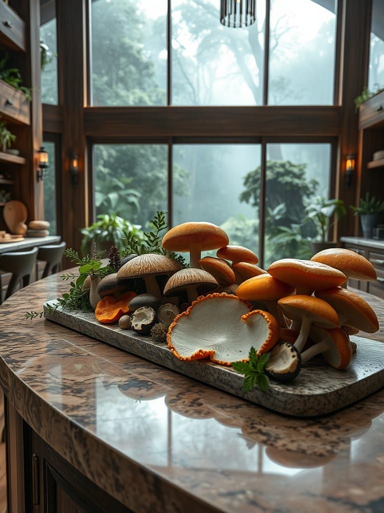 Luxurious Kitchen Filled with Rare Mushrooms and Lush Greene...