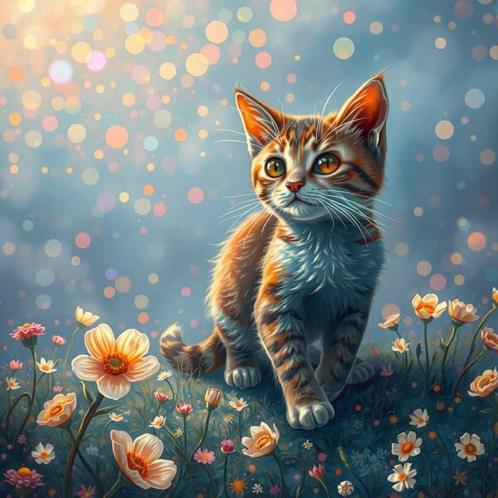 Cat Wanders Pointillistic Landscape with Iridescent Fur