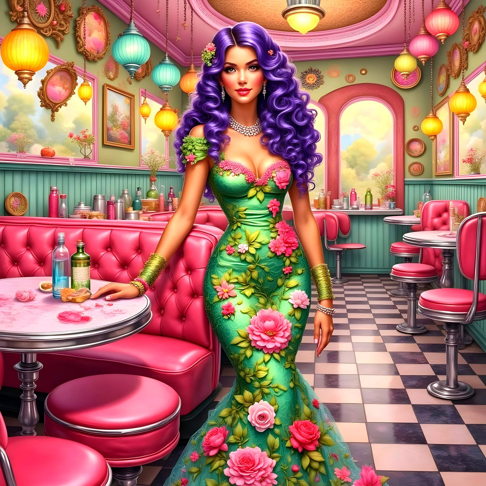 Psychedelic 1960s Beauty in Retro Diner Elegance