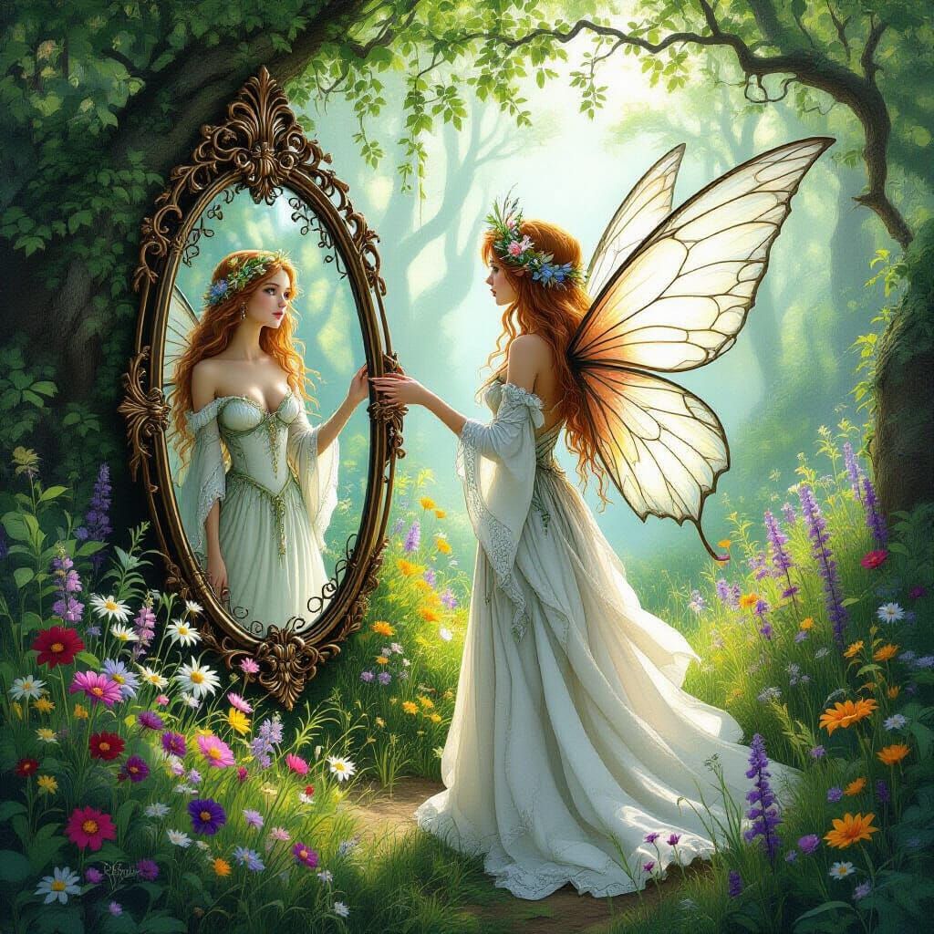 Fairy Gazing in Mirror, Whimsical Forest Scene