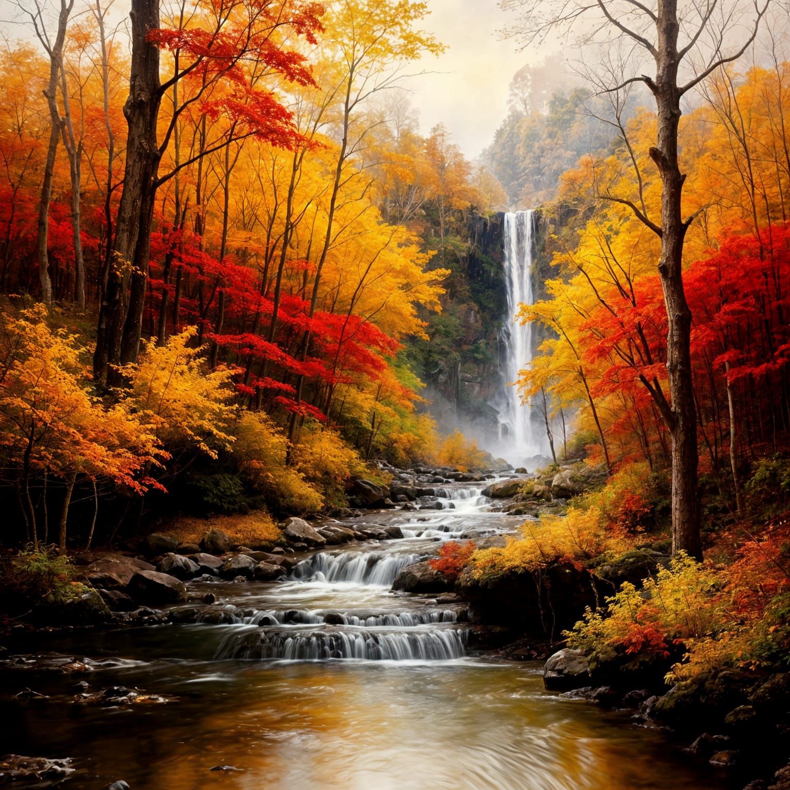 Autumn Waterfall Oil Painting in Misty Woods