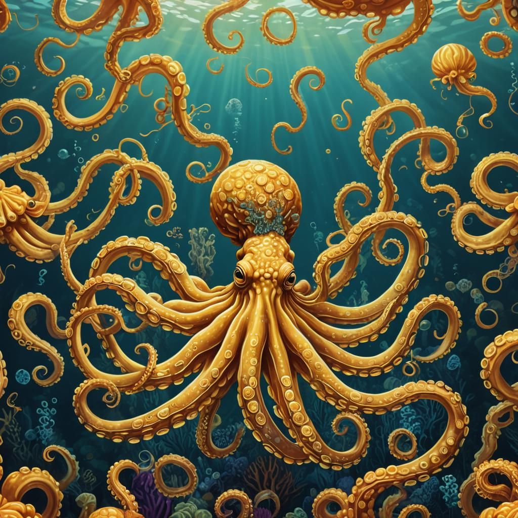 Glowing Golden Octopus in Pop Art Style