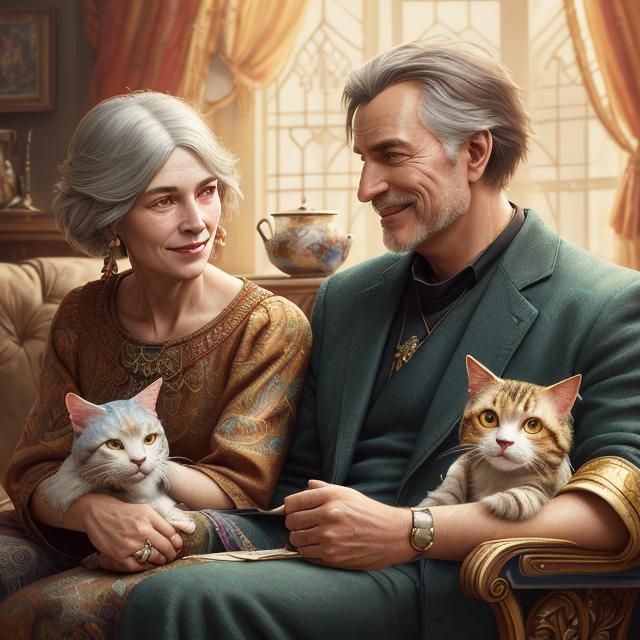 Warm Fauvist Portrait of Couple with Cat