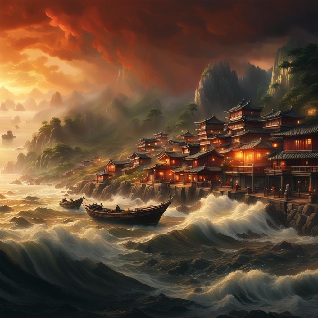 Chinese Coastal Village Under Golden Hour Storm