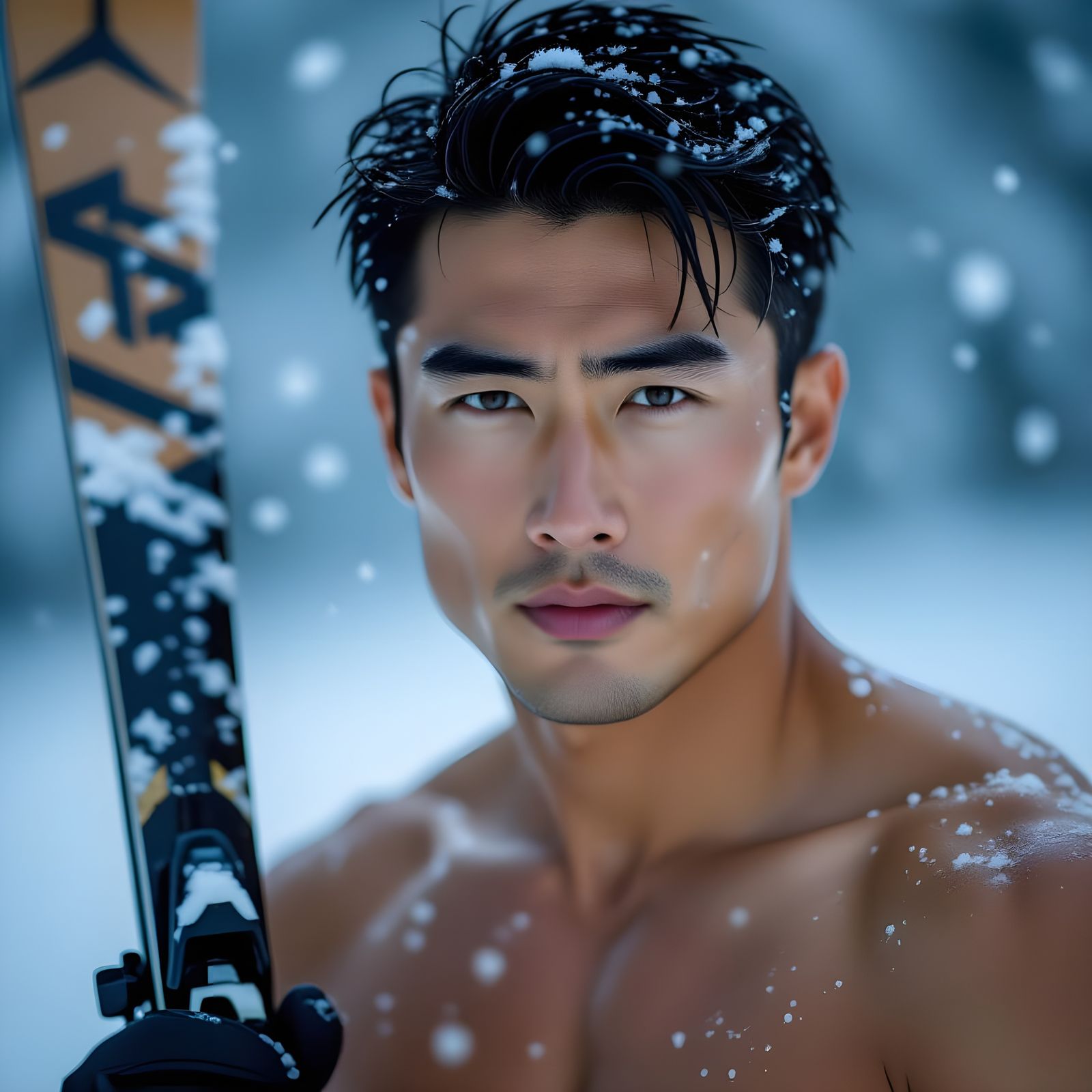 Snow-Kissed Asian Man with Skis