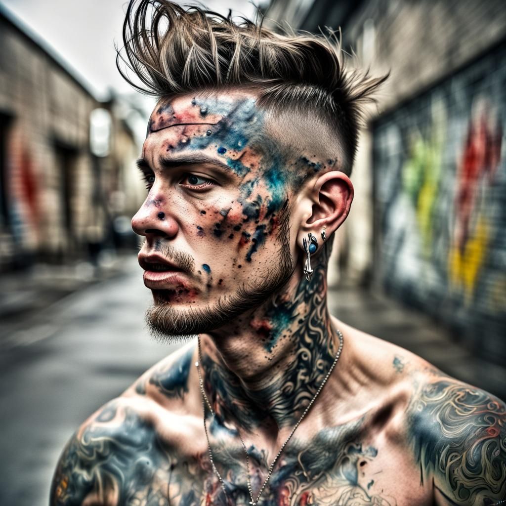 Tattooed Man with Body Modifications in Watercolour Style