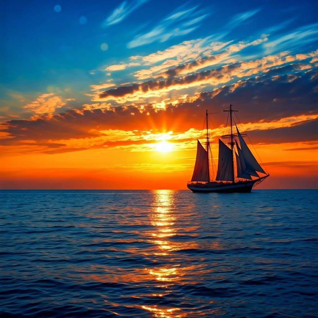 Surreal Windjammer Sails into Sunset on Mystical Waters