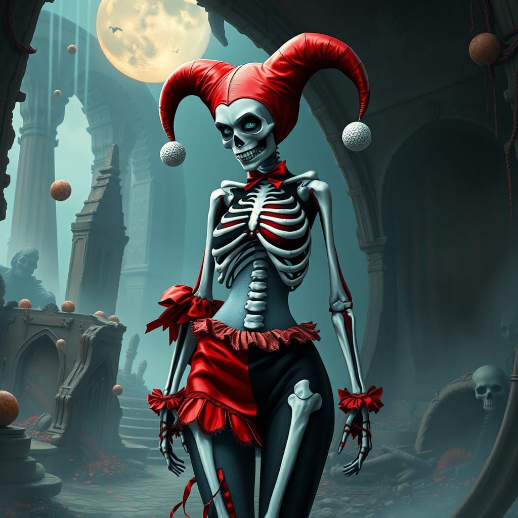 Surreal Harley Quinn Half Woman Half Skeleton in Whimsical R...