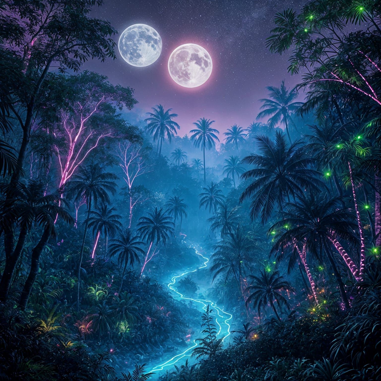 Neon Rainforest at Midnight: Fantastical Concept Art