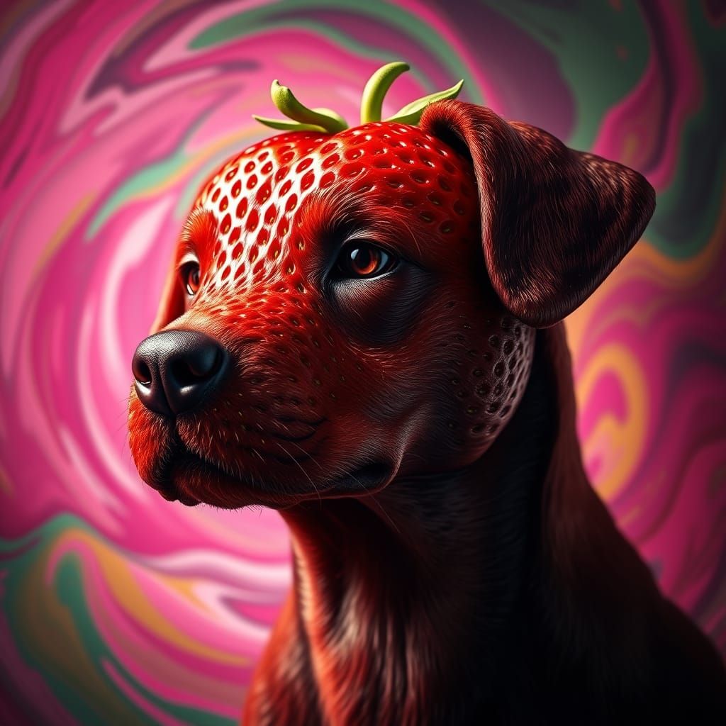 Vivid Strawberry Dog Sculpture in Hyperrealistic Style