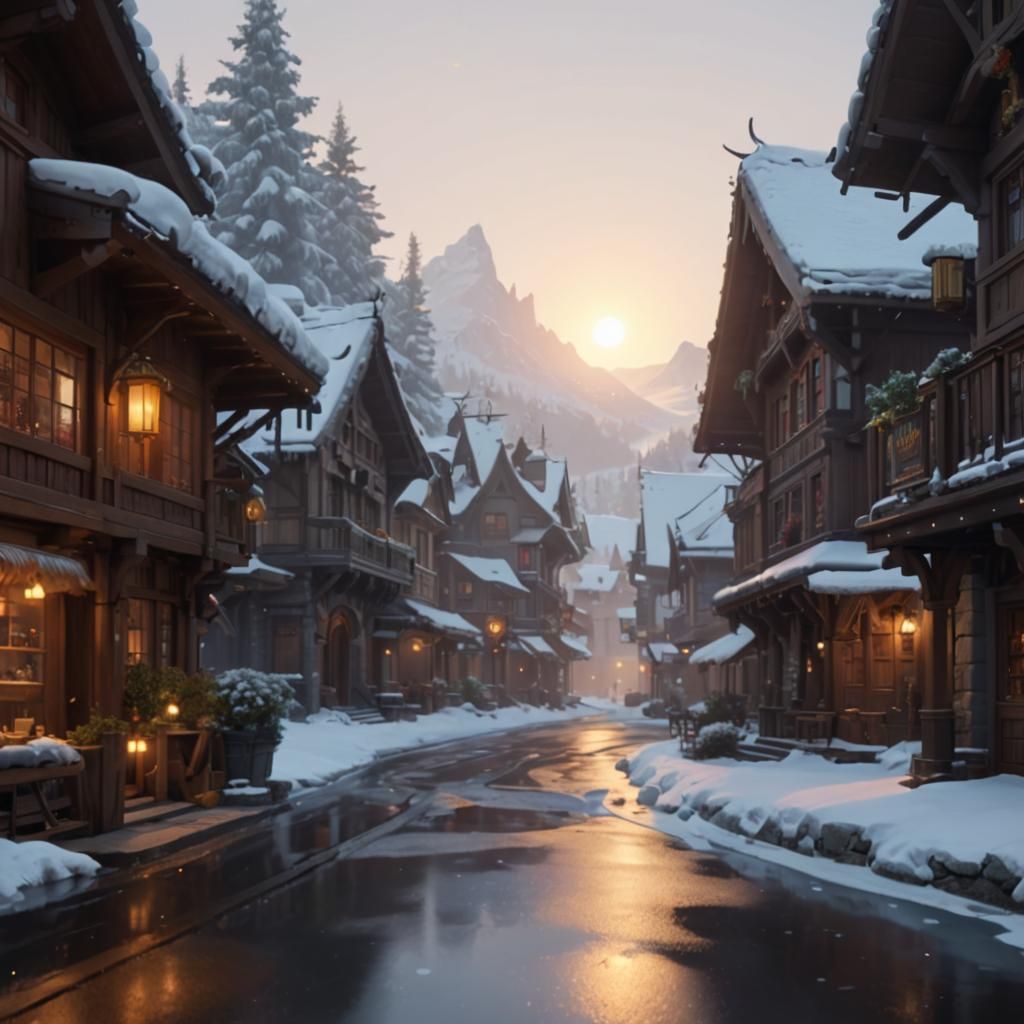 Ethereal Snowy Resort Town Concept Art in Triadic Colors
