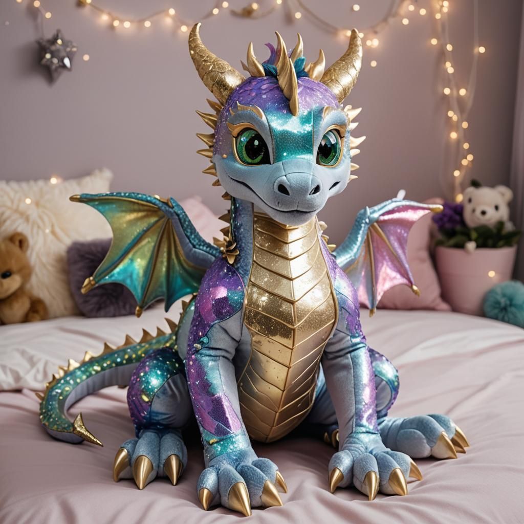 Sparkling Plush Dragon Toy in Fantasy Bedroom