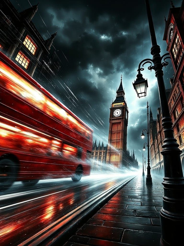Dark Fantasy London at Night with Big Ben and Neon Lights