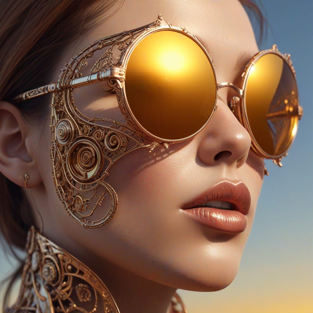 Cyborg Woman Portrait with Golden Filigree and Sunset Reflec...