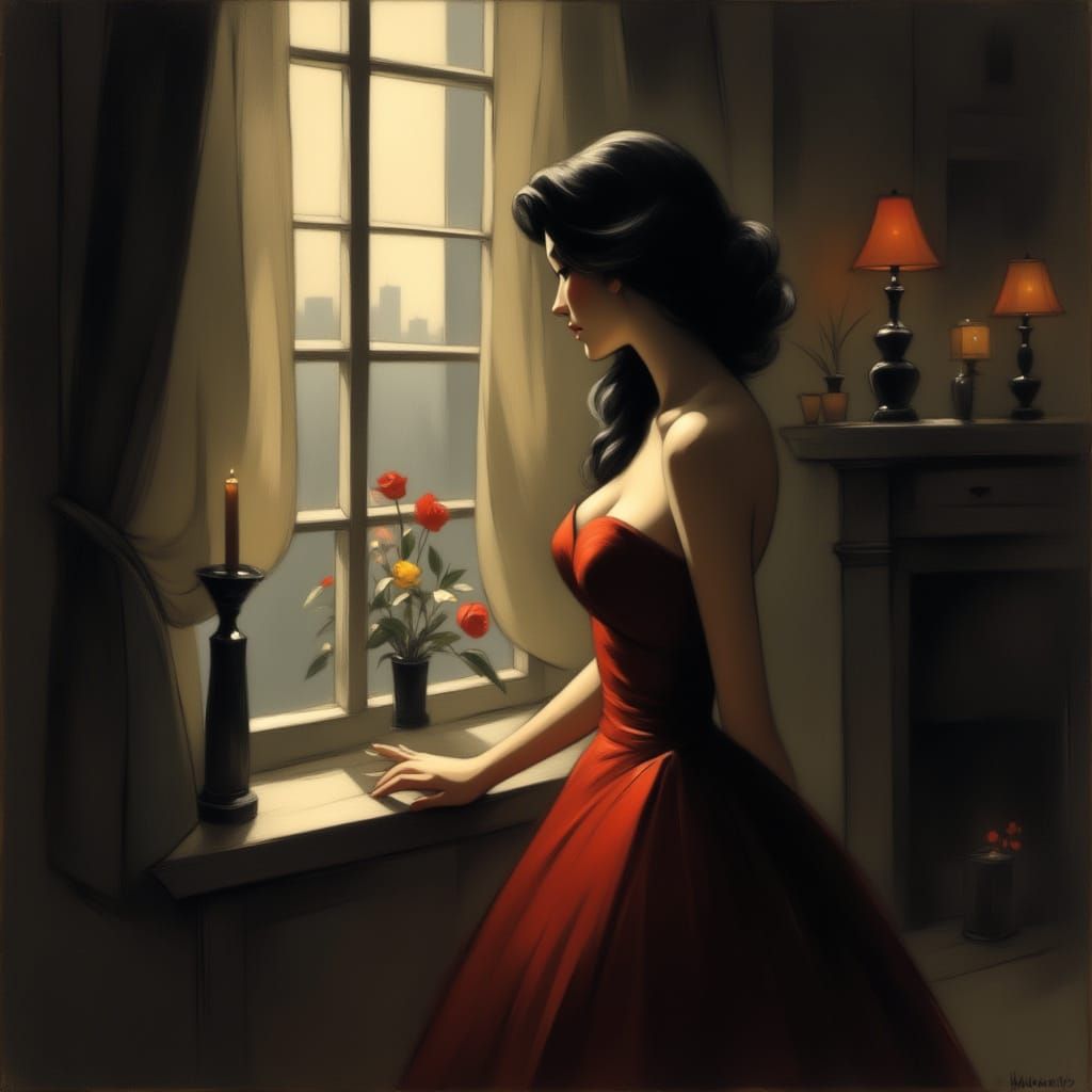 Woman in Evening Dress Gazes Out Window in Paris Interior
