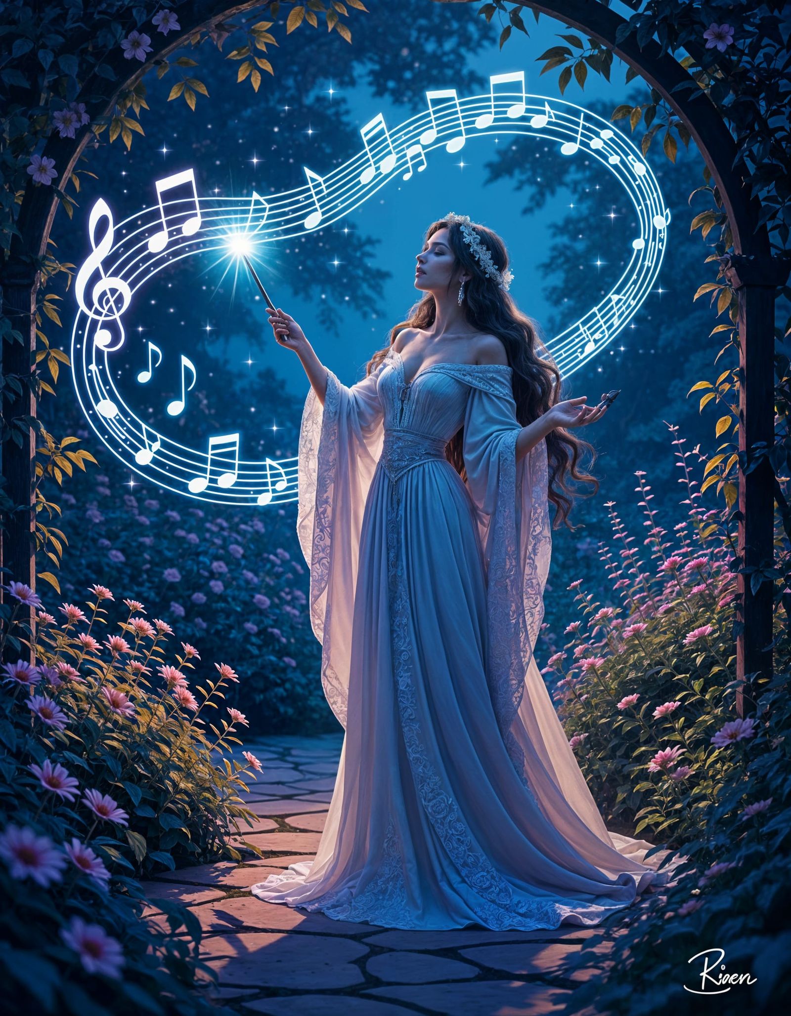 Sorceress Conjures Music Notes in Enchanted Garden