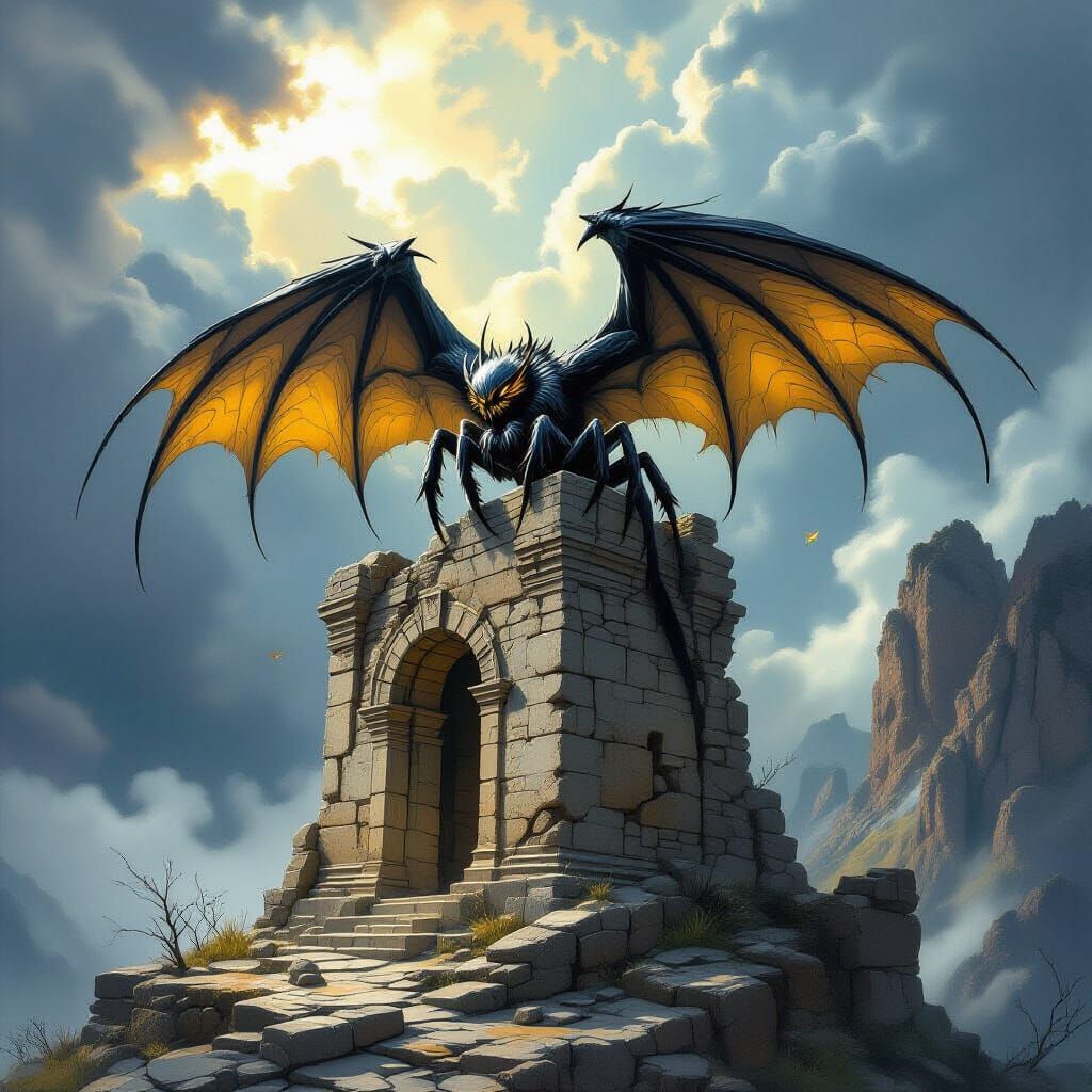 Epic Fantasy Spider-Dragon-Crow Hybrid on Ancient Ruins