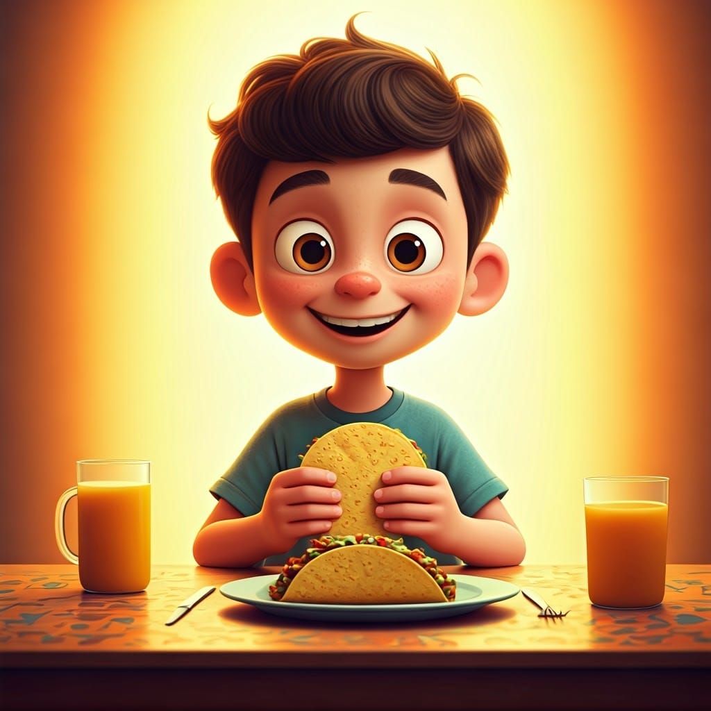 Boy Eating Tacos in Pixar-Inspired 3D Art